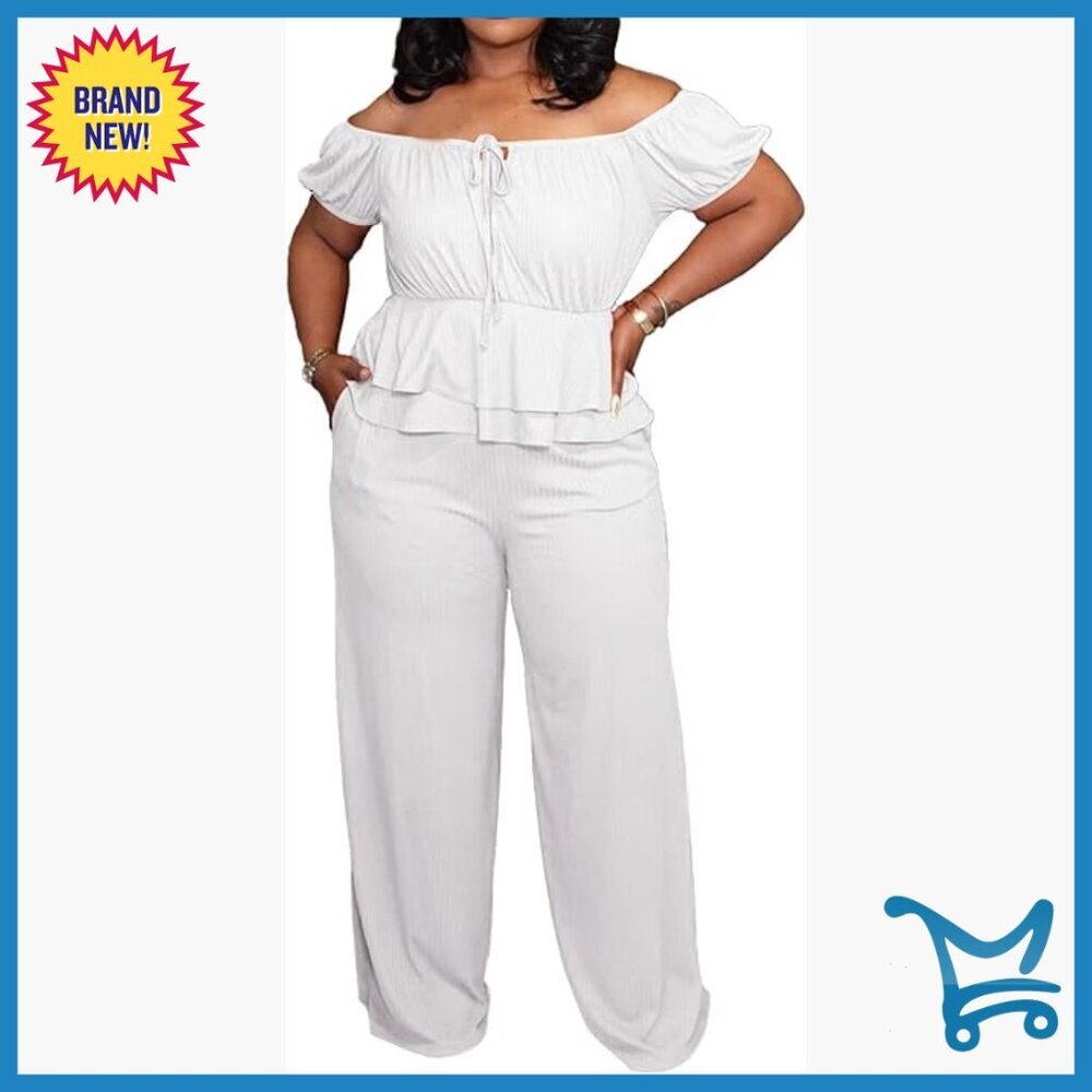 Plus Size Off Shoulder Peplum Top Wide Leg Pant Suit Set